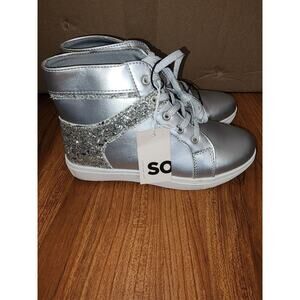 SO Kittiwake Girls' High-Top Sneakers Gray Sliver Lace Up Glitter Size 2